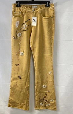 Pantalones de mezclilla acampanados florales con cuentas mostaza vintage Y2K Paolo Santini para mujer 4 nuevos con etiquetas Foto 1 de 4