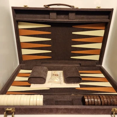 Vtg Cardinal Brown White/Ivory Backgammon Set Corduroy Brown Case, Chip Damaged - Image 1 of 4