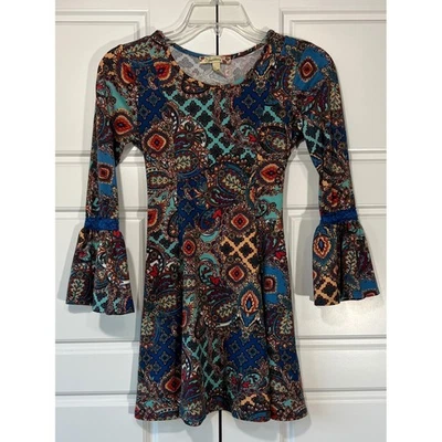 Speechless Girls Dress Size 8 Blue Paisley Print Bell Sleeve Tie Back - Image 1 of 4
