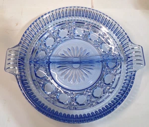 Vintage INDIANA GLASS Mid Century Windsor Blue BUTTON & CANE Divided Relish Dish - Picture 1 of 2