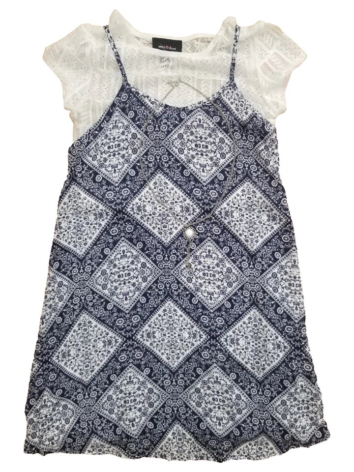 Girls Navy Blue & White Lace Top & Floral Dress w/ Matching Necklace Outfit - Image 1 of 1