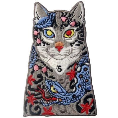 Embroidered Patches Iron Sew On transfers badges appliques Rock Cats with Snakes - Image 1 of 4