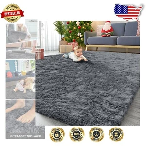 Large Grey Fluffy Shag Area Rug - Non-Slip & Washable for Bedrooms and Nurseries - Picture 1 of 10