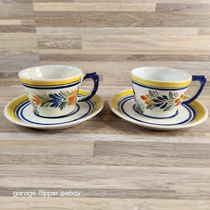 Juego de 2 tazas y platillos pintados a mano Henriot Quimper Faience vintage Francia - Imagen 1 de 21