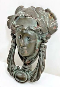 Antique Victorian Bronze Door Knocker Woman Face Foliage 19th Century - Picture 1 of 6