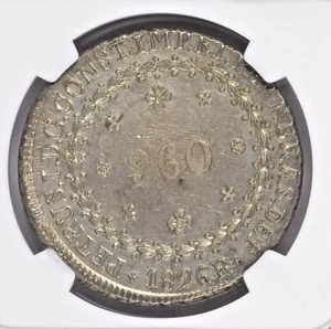 1826R BRASIL PEDRO I 960 REIS STRUCK OVER ARGENTINA 8 R/S NGC AU DETAILS - Picture 1 of 10