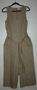 J Crew Linen Sleeveless V-neck Tie Waist Straight Wide Leg Jumpsuit Tan 6 - Picture 1 of 7