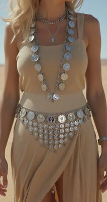 Donna Metallo Argento Catena Moneta Ciondoli Bling Cintura Danza Del Ventre Hip - Immagine 1 di 4