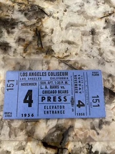 1956 11/4 Chicago Bears vs Los Angeles Rams football ticket stub Press Pass RARE - Picture 1 of 2