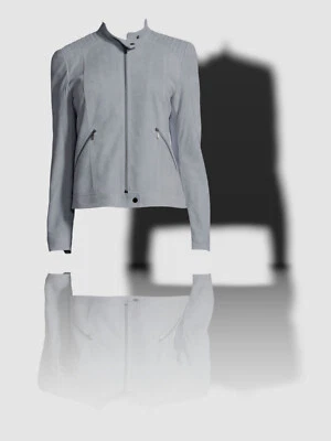 Jaqueta acolchoada Neiman Marcus feminina couro azul-camurça com zíper frontal Moto GG US$ 596 - Imagem 1 de 4