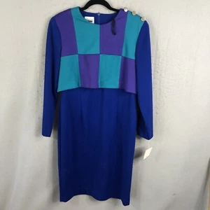 Vintage Leslie Fay Dress Womens 12 Blue Purple Colorblock Retro 80s Career NEW - Picture 1 of 20