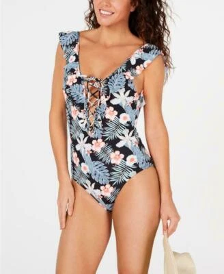 Traje de baño Roxy Juniors de una pieza con volantes florales con cordones negro XS NUEVO CON ETIQUETAS Foto 1 de 4