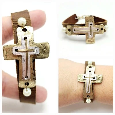Gold & Silvertone Cross On Brown Leather Religious Bracelet With Pearl Accents - Image 1 of 4