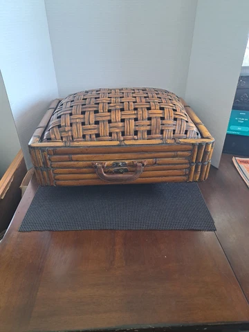 Vintage (Bamboo Rattan)? Wood Storage Box Primitive Suitcase Large Rounded Box Cover