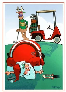 Tarjeta de felicitación de golf árbol de Navidad de golf de Santa y los renos Kersten Bros - Imagen 1 de 3