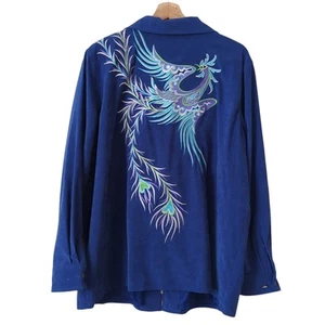 NWT Bob Mackie Womens Shirt 1X Embroidered Blue Bird Peacock Phoenix Firebird - Picture 1 of 7
