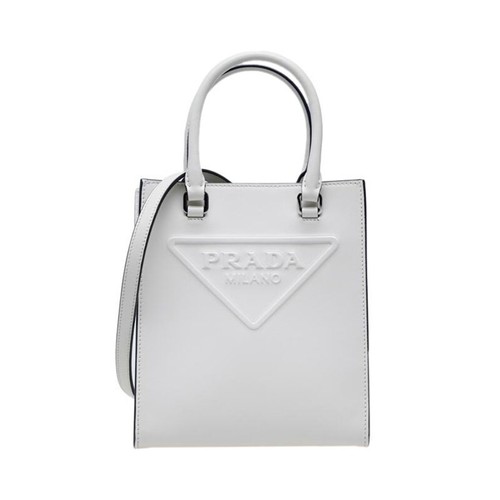 Borsa Prada piccola unisex in pelle di vitello bianca con logo triangolo in rilievo 1BA333