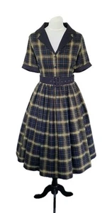 Lindy Bop Bettie Page 50s Style navy Tartan Plaid Full Skirt Dress UK14 Madmen - Picture 1 of 6
