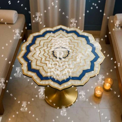 Mother of Pearl & Lapis Lazuli Lotus Table Handmade Gemstone Inlay Accent Table - Image 1 of 4
