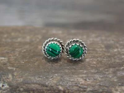 Navajo Indian Sterling Silver 1/4" Round Malachite Post Earrings by White - Image 1 of 4