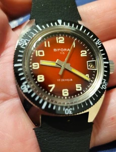 Bifora Vintage Red Dial 17 Jewel Manual Wind Divers German Date Men's Watch - Picture 1 of 9