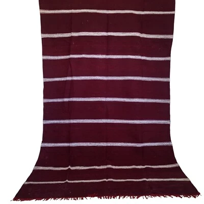 Vintage Handmade Moroccan Rug with Maroon Fringe Wool Tribal Art Carpet 9x6 ft - Image 1 of 4