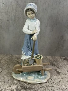Lladro Nao Figurine 1983 DAISA Garden Girl #410 Farm Wheelbarrow Shovel 7.75” - Picture 1 of 19