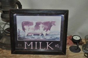 Primitive Cow/Milk Picture Destressed 8x10 Black Frame With Glass Farmhouse - Picture 1 of 2