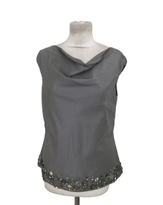 L.K. Bennett Women's Blouse Size 12 Grey 100% Silk Rhinestone Cowl Neck New F1 - Picture 1 of 11