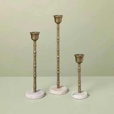 HEARTH & HAND WITH MAGNOLIA 3pc Taper Marble and Brass Candle Holder Set - Hearth & Hand