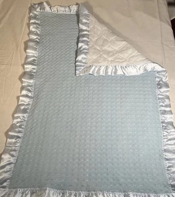 Vintage Acrylic Baby Blanket Satin Trim Edge Blue USA 45x31 Boy Crib Quilted - Image 1 of 4