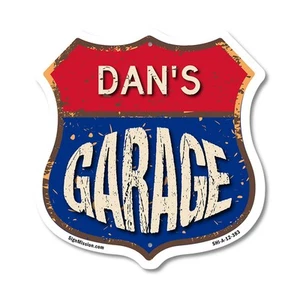 Dan's Garage Shield Shaped Sign Weather Resistant Crafted in the USA - Picture 1 of 41