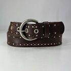 Wide Brown Studded & Punched Leather Belt - Women's Size 36