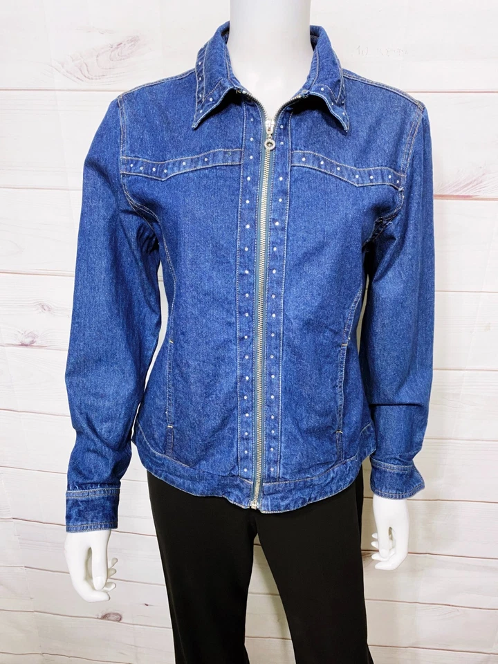Vintage Cathy Daniels Womens Denim Jacket Sz S Blue Rhinestone Zip Pockets 90's - Image 1 of 4