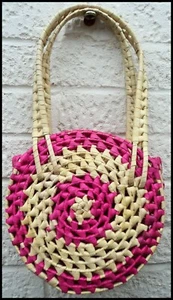 Vintage bag pink & natural raffia straw circular handbag - Picture 1 of 3