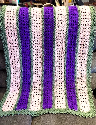 Afghan Crochet Unisex Baby Blanket Purple Pink Green Stripe Nursery Throw 30x42 - Image 1 of 3
