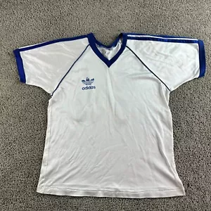 VINTAGE 80s Adidas Soccer Jersey Shirt Mens L White Blue 3 Stripes Made in USA - Picture 1 of 12