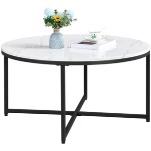 Round Coffee Table Faux Marble Coffee Center Table w/X-Base & Sturdy Metal Legs - Picture 1 of 12