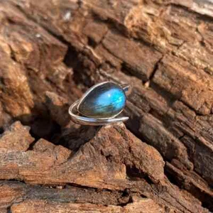 925 Sterling Solid Silver Labradorite Pear Ring Gemstone Statement Ring - Picture 1 of 12