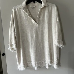 Top Umgee misto lino maniche corte boho grezzo lui orli taglia S taglio boxy farina d'avena - Foto 1 di 12