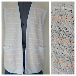 Maglione gilet vintage Devon blu chiaro, pesca e bianco a righe acrilico taglia large - Foto 1 di 12