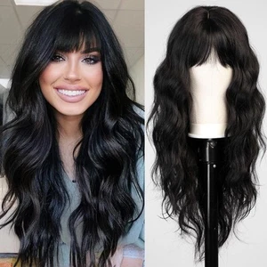 Black Wig with Bangs for Women Long Wavy Hair Wig Black Wig Curly Wavy Synthe... - Picture 1 of 7