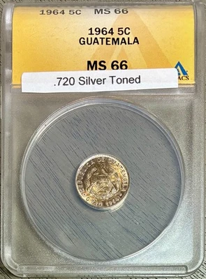 1964 Guatemala 5 Centavos, .720 Silver, ANACS MS-66, Toned Beautifully! - Image 1 of 2