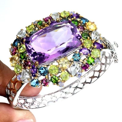 925 Sterling Silver Bangle Antique Amethyst 57ct Topaz Handmade Gemstone 6.4in - Image 1 of 4