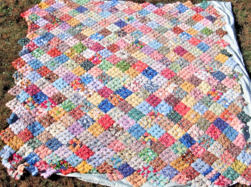 YO-YO QUILT Hand Made  @ 80" x 80"  MULTI COLOR  Nine Rosette Panels  144 Panels - Image 1 of 4