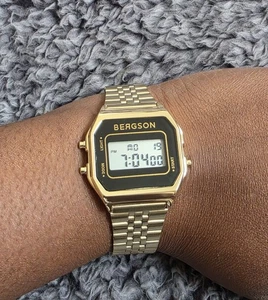 BERGSON Retro Gold Digital Watch Unisex Quartz LED Timepiece Fashion Wristwatch - Picture 1 of 7