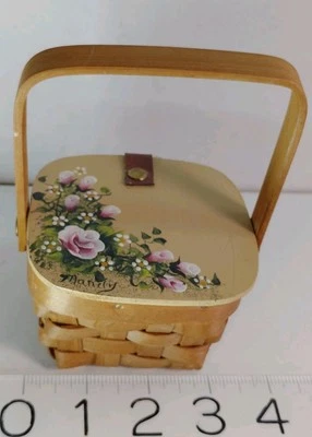 Hand Painted Small Basket Handle Attached Lid Flower Artist Signed  - Image 1 of 4