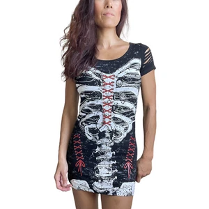 Lost Queen black Skeleton ribcage print with Back Cut Out Extra Length Top - Picture 1 of 7