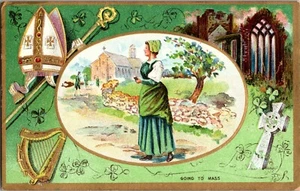 Postal Día de San Patricio Ir a Misa Vestido Verde Iglesia Arpa en relieve - Imagen 1 de 2
