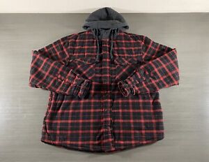 Hawke & Co Shirt Mens Large Red Black Plaid Flannel Snap Closure Hooded Pockets